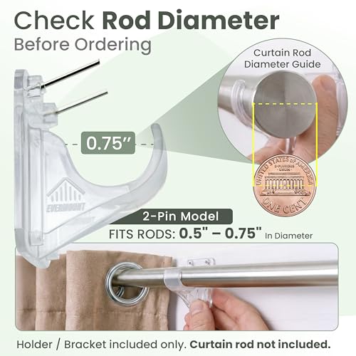 Heavy Duty Curtain Rod Brackets - No-Drill Pin-In Mounts for 0.75" Rods
