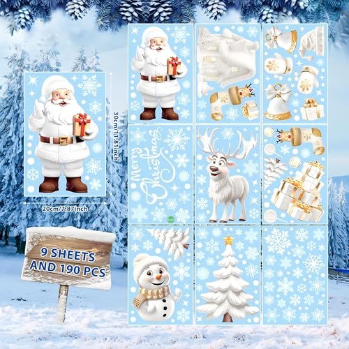 AhfuLife Christmas Window Clings 190PCS Santa & Snowman Reusable 3D Decorations