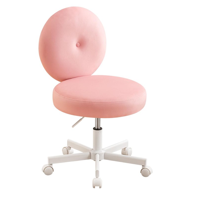 Furniliving Round Velvet Vanity Chair with Wheels, 360° Swivel Armless Desk Chair, Adjustable Height Rolling Makeup Chair for Bedroom Study Room, Pink