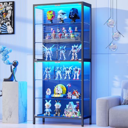71-Inch 6-Tier Glass Display Cabinet with LED Lights and Motion Sensor