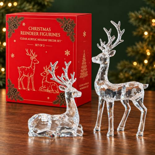 2-Piece Clear Acrylic Reindeer Figurine Set for Christmas Decor