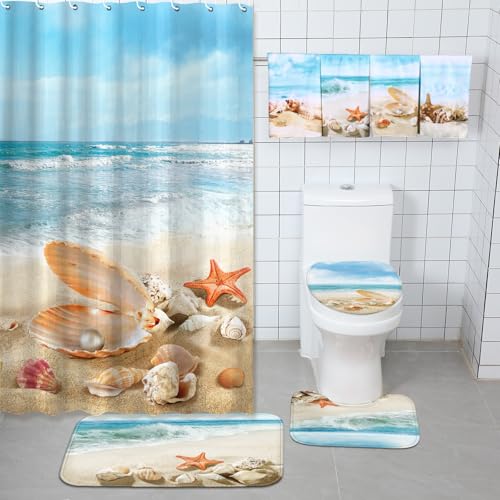 8-Piece Coastal Beach Bathroom Set with Shower Curtain, Mats, and Towels