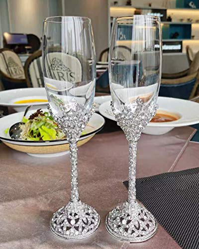 Jozen Gift Silver Crystal Champagne Flutes Set of 2 Wedding Anniversary Party Gift