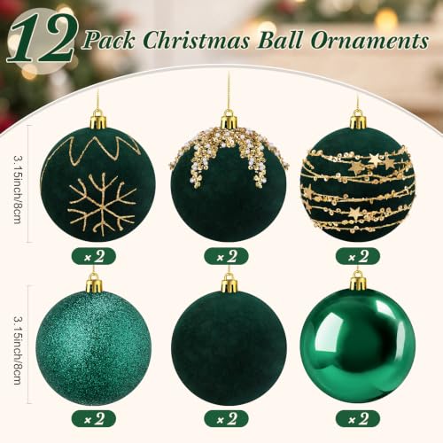 Syhood Dark Green Velvet Christmas Ball Ornaments Set - 12 Pcs 3.15 Inch Holiday Decor