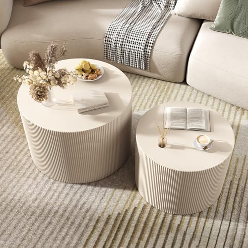 Modern Round Nesting Coffee Table Set of 2, Beige Wooden Accent Tables