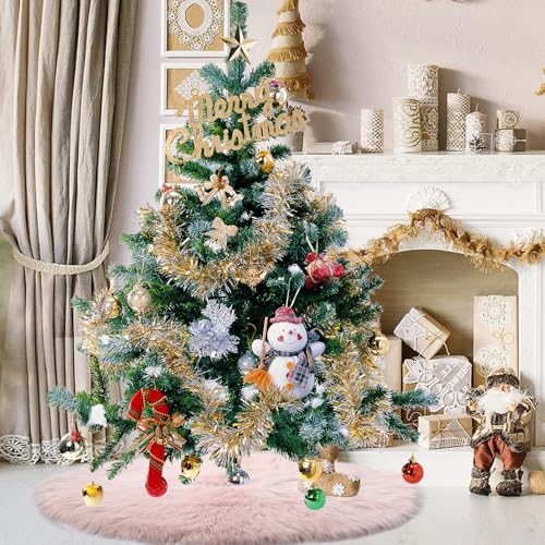 PARTTELY 36 Inch Pink Wool Fur Christmas Tree Skirt Thick Plush Holiday Decor