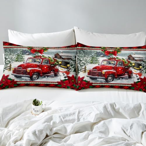 Homewish Christmas Truck Full Duvet Cover Set 3pcs Red Plaid with 2 Pillowcases (No Comforter) - Kids Bedding