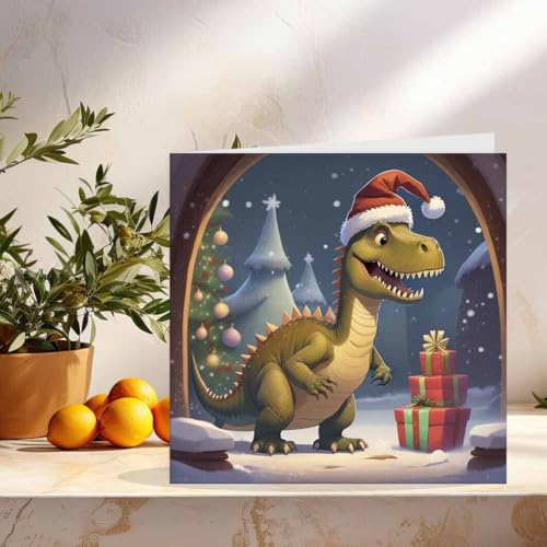 Christmas Card with Cute Kids Dinosaur T-Rex - Festive Holiday Greeting Card 145x145mm