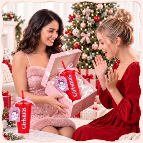 Potchen 6 Pack Girlsmas Christmas Plastic Cups with Lids, Straws, Pink Tags & Ribbon – 24oz