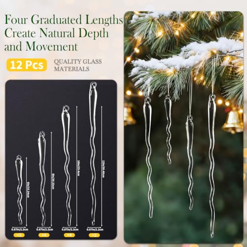 OuMuaMua Large Clear Glass Icicle Christmas Ornaments - 12-Piece, 6-12in S-Curve Handmade