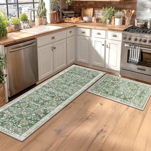 2x8 Washable Floral Runner Rug, Non-Slip Sage Green Boho Kitchen Carpet
