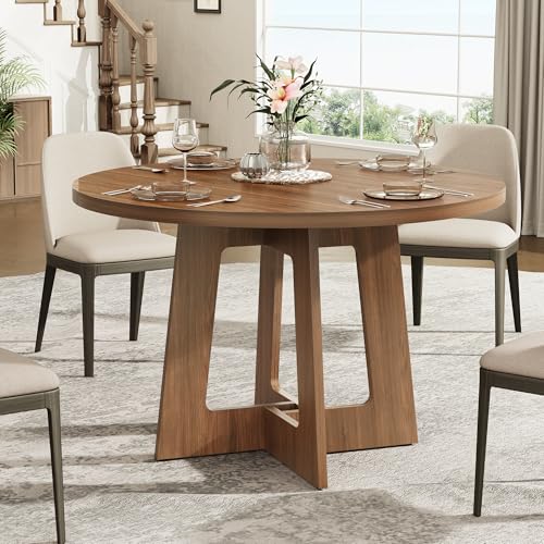 43-Inch Round Dining Table for 4, Walnut Brown Wooden Kitchen Table