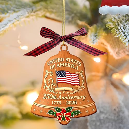 ERYRYIREI Brown Wooden American Flag Bell Ornament 3.9 Inch - 250th Anniversary USA Decor
