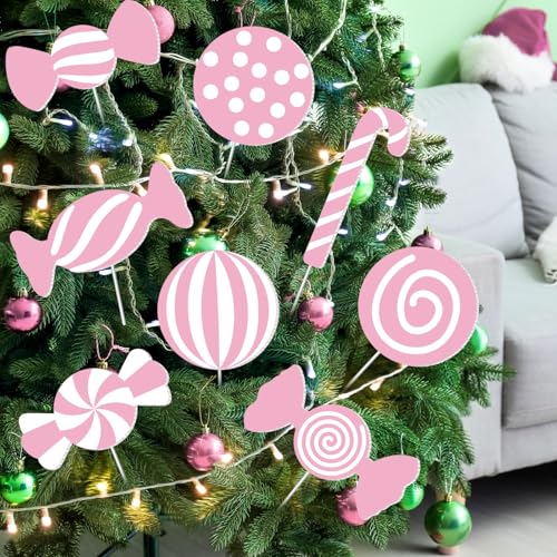 Pink Candy Christmas Decorations - 16 pcs 8" Lollipop Tree Picks for Holiday Decor