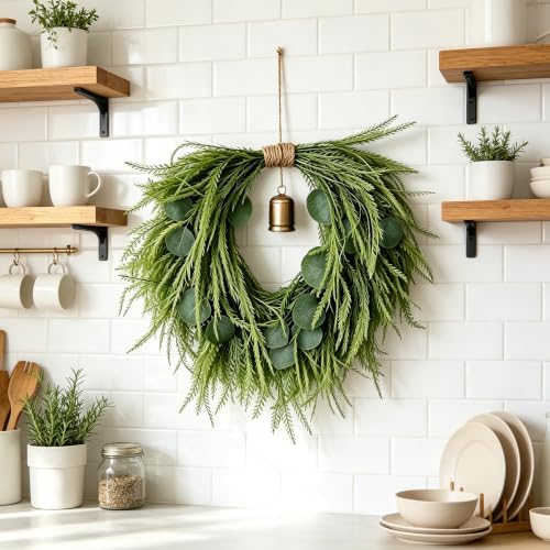 18-Inch Heart-Shaped Wreath with Copper Bell and Greenery, Romantic Decor