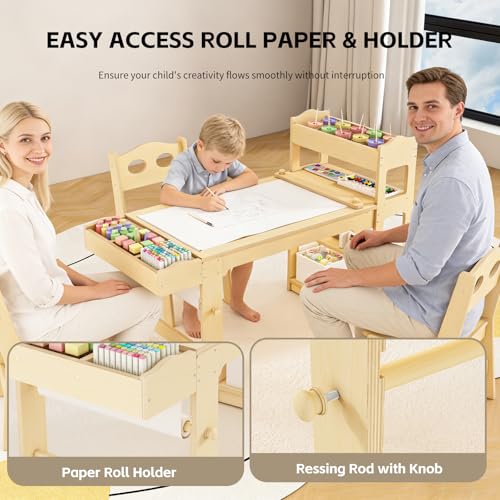 Kids Wooden Art Table and 2 Chairs Set with Paper Roll and Storage