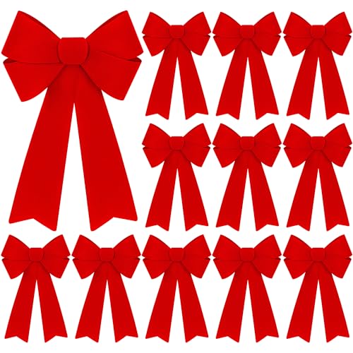 Heartome 12-Pack Red Velvet Xmas Bows, 12 x 18 in Outdoor/Indoor Glitter PVC for Doors, Fireplaces, Railings