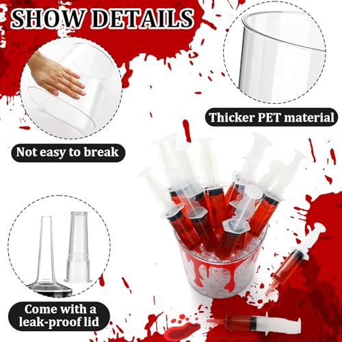 Halloween Shot Syringe Set with Bloody Buckets – 30 Plastic Drink Dispensers & Creepy Ice Buckets