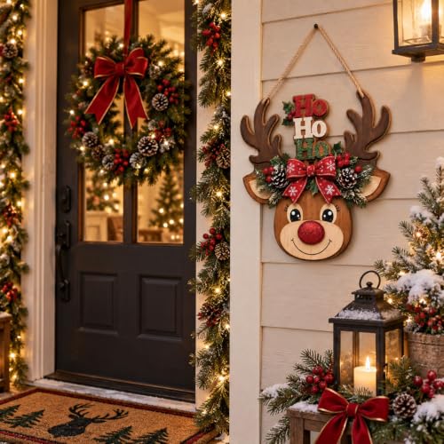 Christmas Reindeer Door Hanging Sign with HO HO HO - Holiday Decor, Rustic Christmas Door Ornament, Reindeer Christmas Decoration - Mokesova