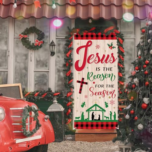 Christmas Religious Door Cover Jesus Is the Reason for the Season 79x35 Inches