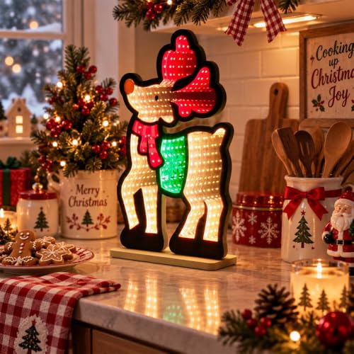 MEETYAMOR Reindeer Christmas Infinity Mirror Light - 3D LED Night Lamp, USB Powered Indoor Decor