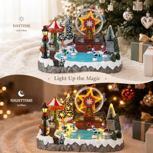 VCUTEKA Winter Carnival Christmas Village Scene with Moving Ferris Wheel & Skating Rink