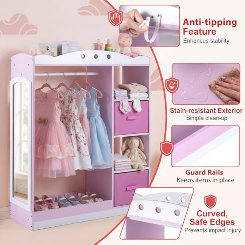 Kids Dress Up Storage Wardrobe with Mirror, Pink Toddler Costume Closet
