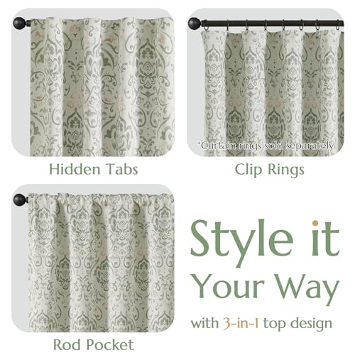 Green Floral Blackout Curtains 63" Length, 2 Panels Room Darkening Drapes