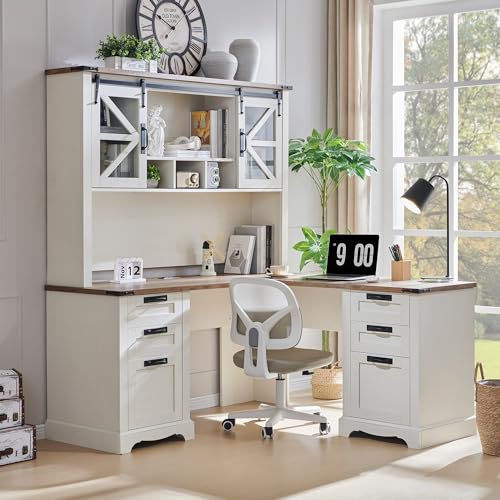 60-Inch L-Shaped Executive Desk with Hutch, Farmhouse Storage Computer Desk