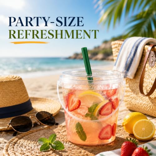 34oz Clear Plastic Drink Buckets with Lids, Handles & Straws — 30 Pack