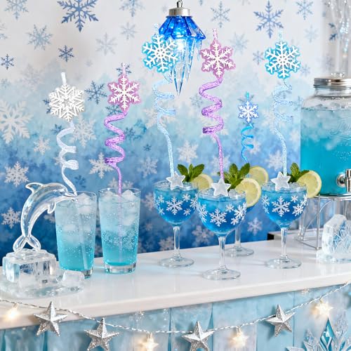 Reusable Frozen Snowflake Drinking Straws with Glitter Toppers - 24 Pcs