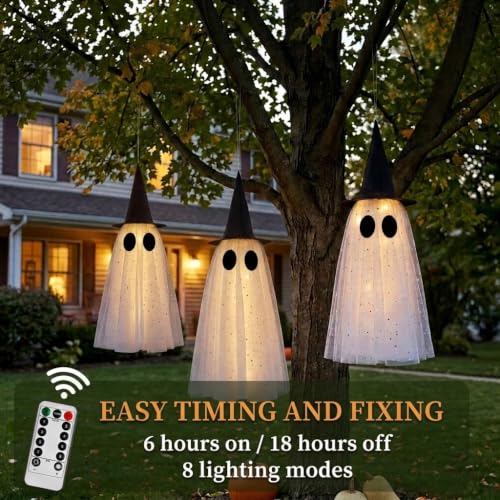 Outdoor Halloween Hanging Ghost Lights with Remote - Set of 3 LED Witch Decor