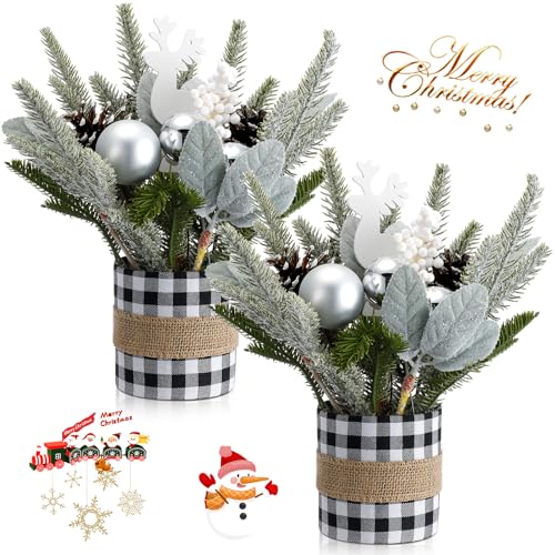 Buffalo Plaid 2-Piece Mini Christmas Tabletop Trees, 10.24in – Black & White Holiday Decor