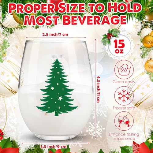 Umigy 8 Pcs Xmas Tree Stemless Wine Glasses 15 oz Green Silver Xmas Theme