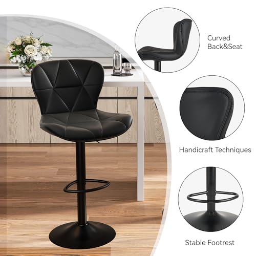Adjustable Faux Leather Swivel Bar Stools with Back, Set of 2 - Black