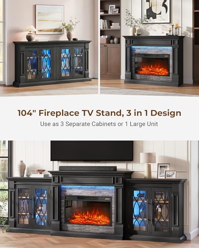104-Inch Sectional Fireplace TV Stand with LED Lights and Power Outlets