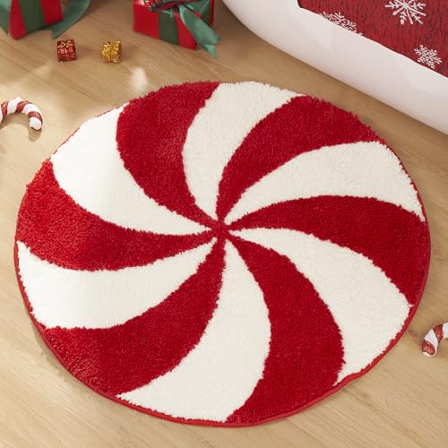 ELDONE Red & White Candy Swirl 24x24 In Non-Slip Bathroom Rug - Festive Christmas Round Mat