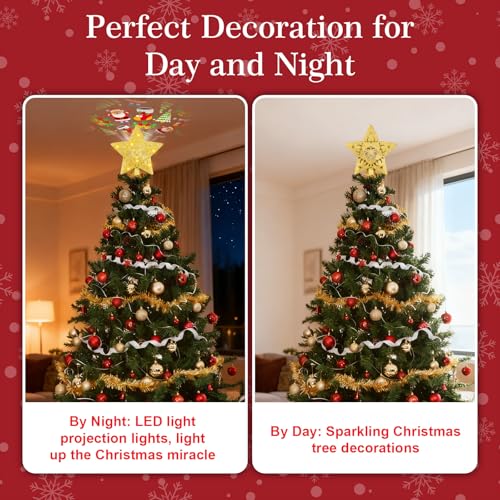 Sparkling Gold Star Christmas Tree Topper with LED Rotating Projector