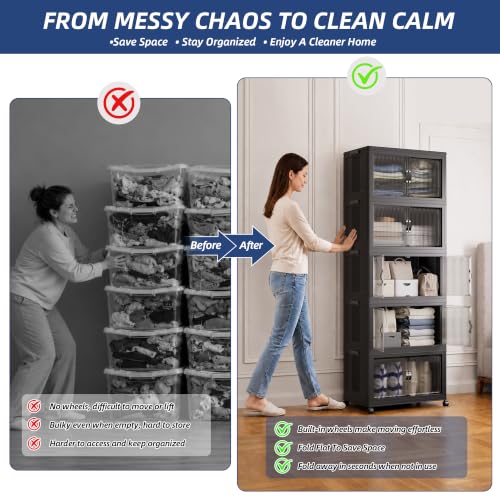 Stackable Storage Bins 5-Pack Cabinet with Lids and Open-Front Access