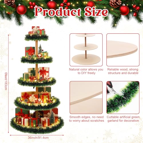 6ft Wooden Christmas Tree Shelf - 5-Tier Holiday Village Display Stand with Garland