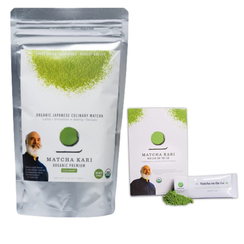 Dr. Weil Matcha Kari Superior Japanese Matcha Green Tea Sticks (2) and 100g Culinary Bundle - Organic Ceremonial Grade Powder Single Serve Packets (24 packets) and 100g Culinary Grade Pouch