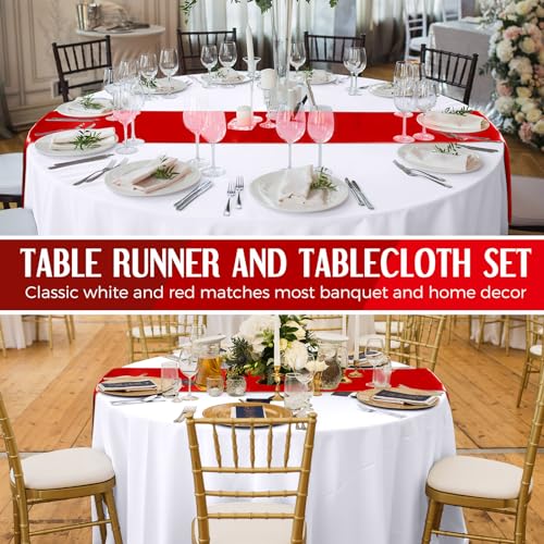 Tudomro 16 Pcs White & Red Round Tablecloth and Satin Runner Set - 84in Tablecloths & 108x12in Runners