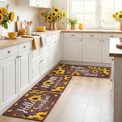 3-Piece Sunflower Kitchen Rug Set - Non-Slip Washable Farmhouse Floor Mats