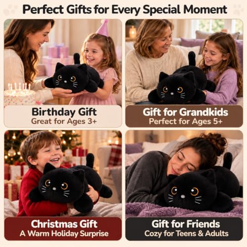 SQEQE 23.6 Inch Weighted Black Cat Plush - Large Plushie for Cozy Comfort, 3.8 Lbs, Gift for Kids & Adults