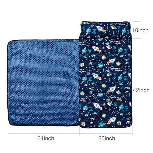 Toddler Nap Mat with Removable Pillow and Minky Blanket for Daycare