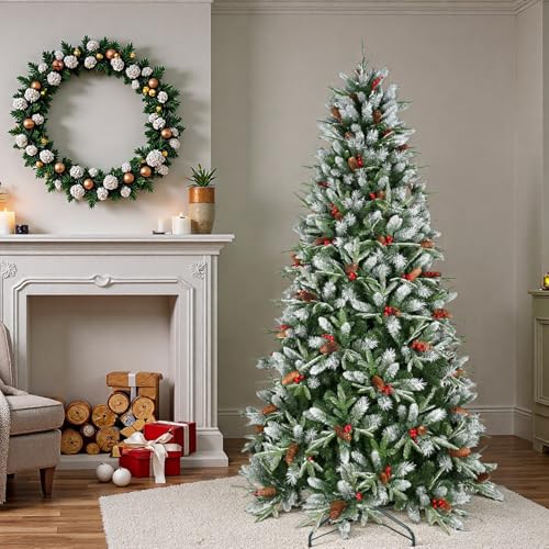 Trygoal 5FT Artificial Christmas Tree with Snow-Dusted Tips, Red Berries & Pine Cones, Pre-Decorated, Green, Hinged Stand