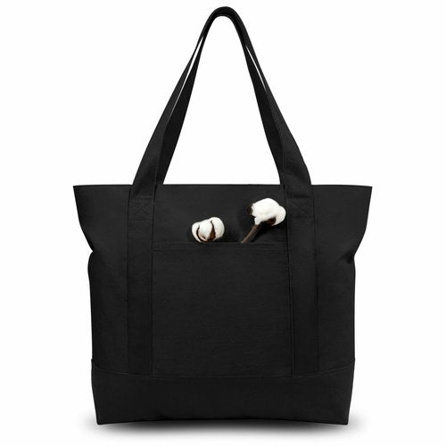 TOPDesign 1-Pack Canvas Tote Bag with an External Pocket, Reusable Grocery Shopping Bag, Top Zipper Closure, Daily Essentials (Black)