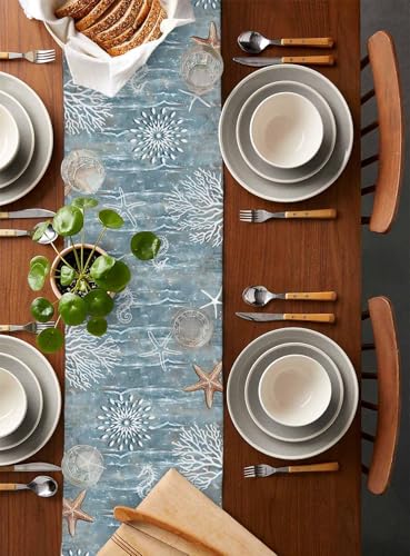 Lsrtoss Beige Blue Coastal Table Runner 13 x 60 Inches Summer Beach Nautical Decor