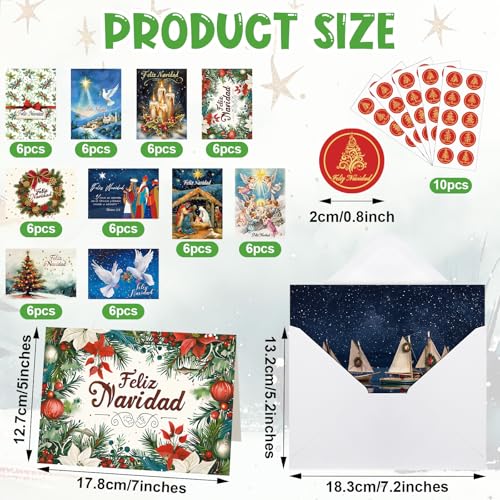 Motiskyy 100 Pack Spanish Christmas Cards with Envelopes & Stickers, Religious Holiday Greeting Set