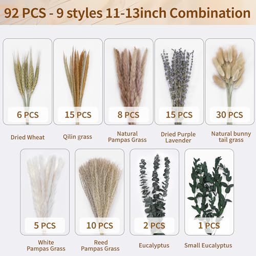 Dried Pampas Grass Bouquet, 92 Pcs 11-13 Inch Small Boho Flowers for Vase Filler